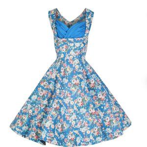Lindy Bop Ophelia Sky Blue Floral Picnic Dress